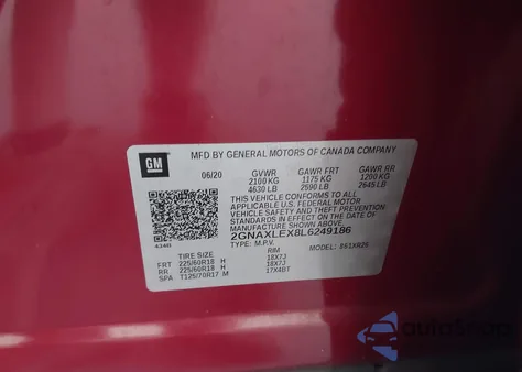 2020 Chevrolet Equinox Fwd Lt 2.0L Turbo z USA, uszkodzony, nr VIN 2GNAXLEX8L6249186